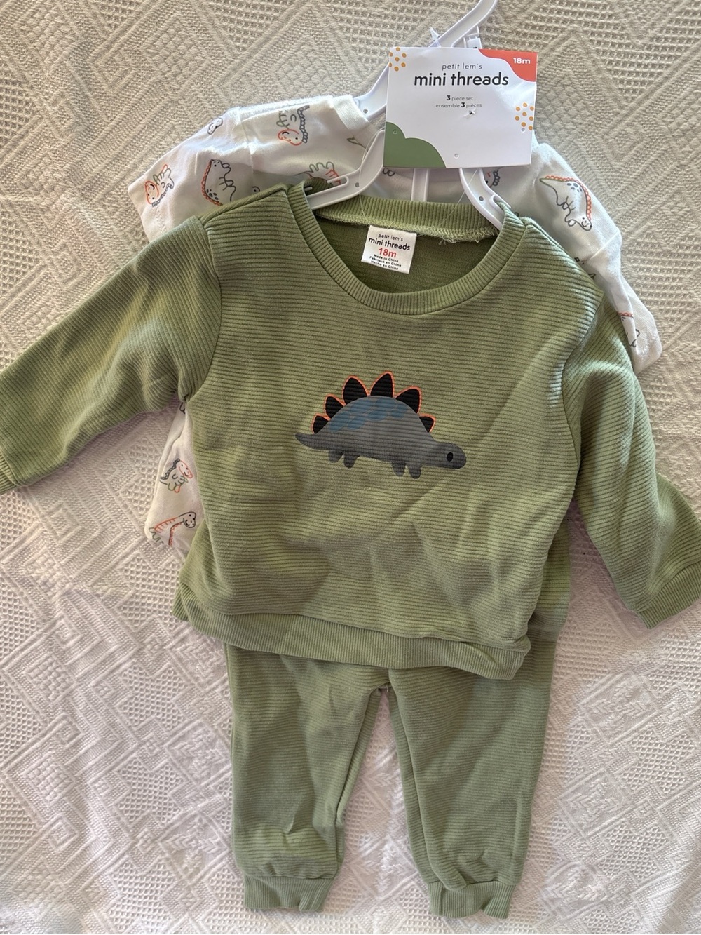 Petit Lem Olive Green Ribbed Dino Sweatshirt & Pants Set
